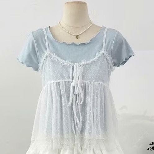 Áo phông cộc tay xanh cotton mix ren trắng