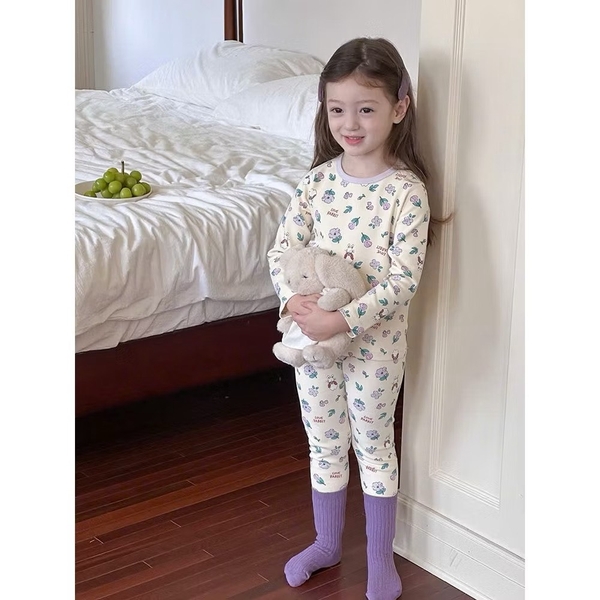 Bộ cotton dài tay AMBB KIDS thỏ hoa tím màu trắng