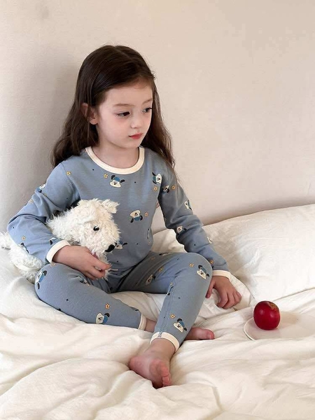 Bộ cotton dài tay AMBB KIDS hình cún màu xanh dương