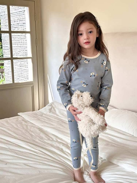 Bộ cotton dài tay AMBB KIDS hình cún màu xanh dương