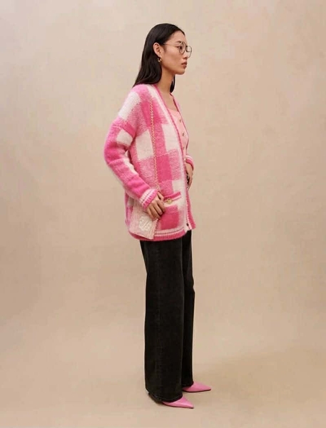 Áo Maje cardigan len dài tay hồng trắng