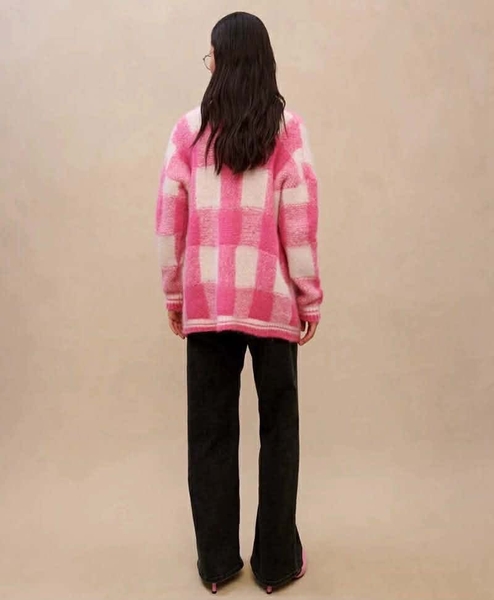 Áo Maje cardigan len dài tay hồng trắng