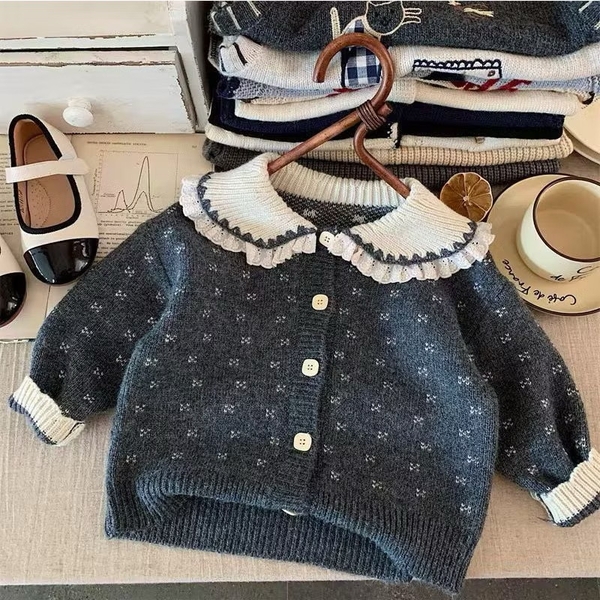 Áo khoác len cardigan 3 màu đỏ, ghi, navy cổ phối ren