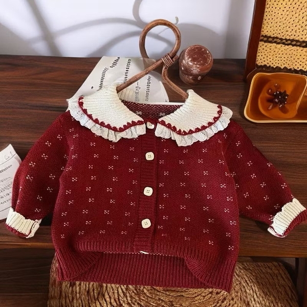 Áo khoác len cardigan 3 màu đỏ, ghi, navy cổ phối ren