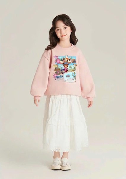 Bộ nỉ Zootopia Elaine màu hồng cáo và thỏ chân váy maxi trắng