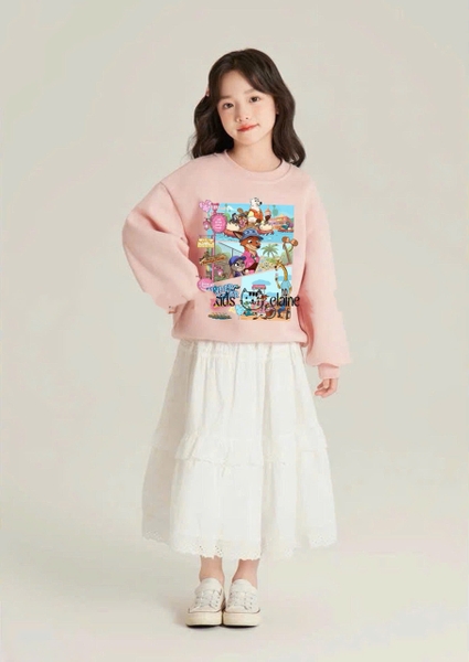 Bộ nỉ Zootopia Elaine màu hồng cáo và thỏ chân váy maxi trắng