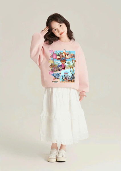 Bộ nỉ Zootopia Elaine màu hồng cáo và thỏ chân váy maxi trắng