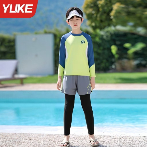Bộ bơi YUKE chữ Y dài tay xanh neon phối xanh dương quần ghi