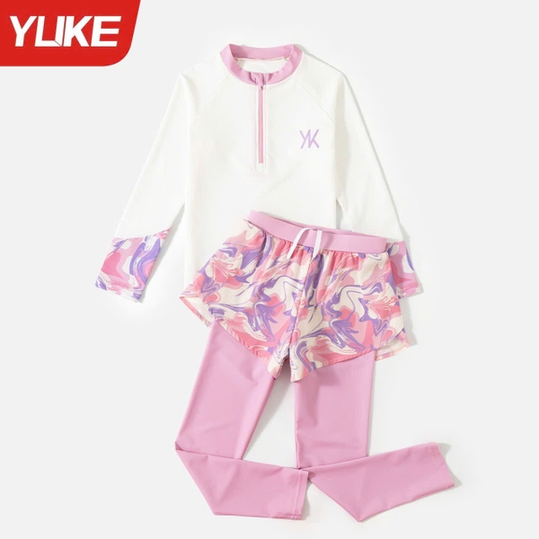 Bộ bơi dài tay quần dài in chữ YK 2 màu trắng hồng, tím YUKE cho bé gái