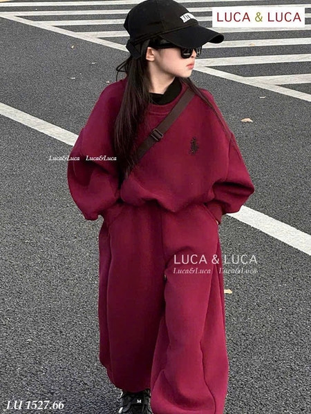 Bộ nỉ Luca&Luca dài tay thêu ngựa đỏ bo gấu