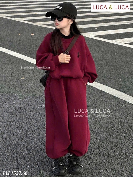 Bộ nỉ Luca&Luca dài tay thêu ngựa đỏ bo gấu
