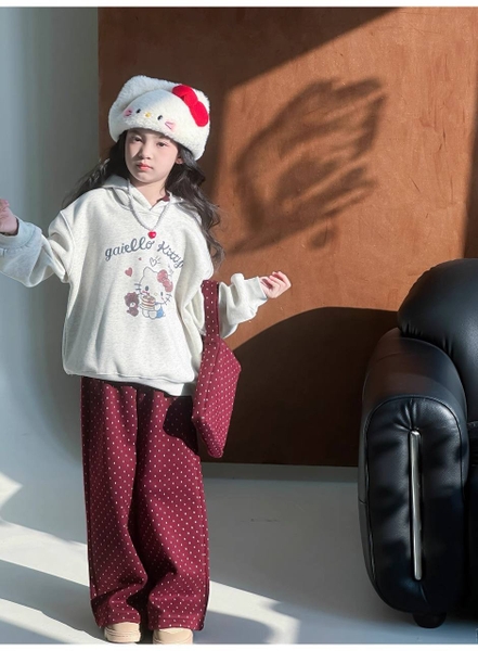 Set 3 món Hello Kitty áo nỉ ghi, quần chấm bi nơ đỏ và túi