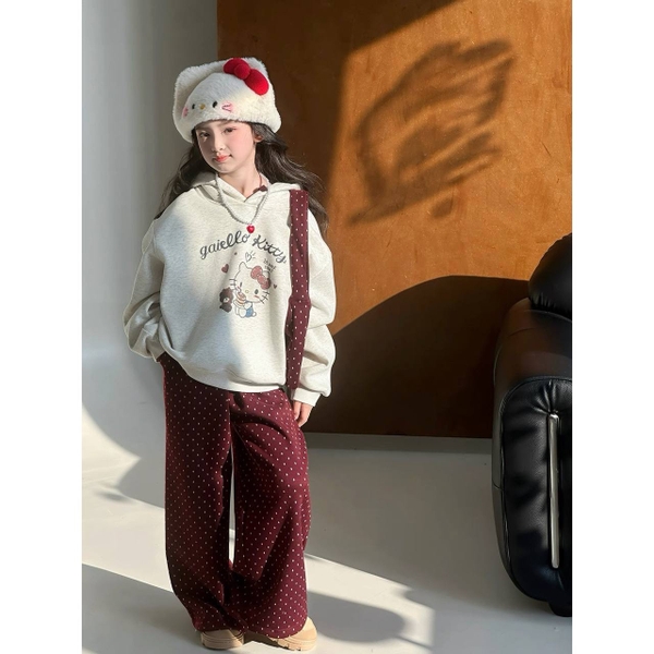 Set 3 món Hello Kitty áo nỉ ghi, quần chấm bi nơ đỏ và túi