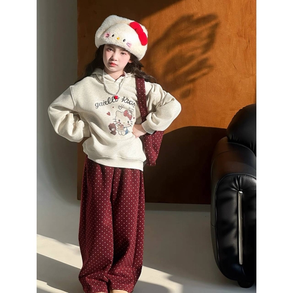 Set 3 món Hello Kitty áo nỉ ghi, quần chấm bi nơ đỏ và túi