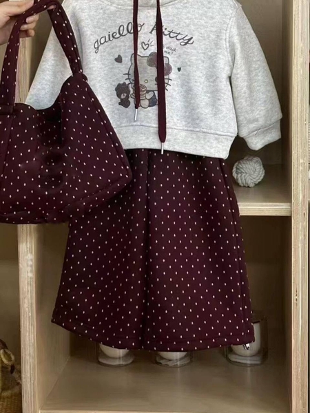 Set 3 món Hello Kitty áo nỉ ghi, quần chấm bi nơ đỏ và túi