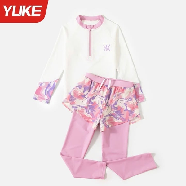Bộ bơi dài tay quần dài in chữ YK 2 màu trắng hồng, tím YUKE cho bé gái