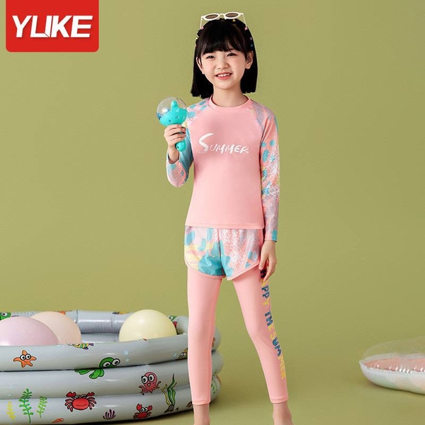 Bộ bơi 3 chi tiết Summer Ylike dài tay 2 màu bé gái