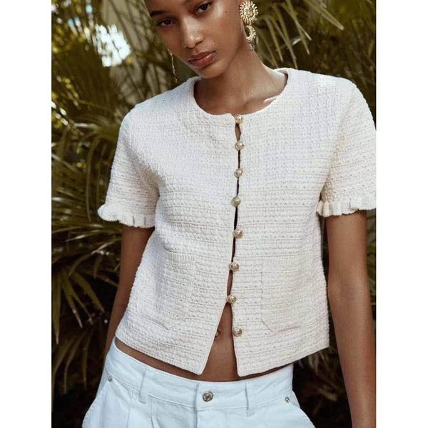Áo cardigan ZARA dệt tweed cộc tay 2 màu be, hồng