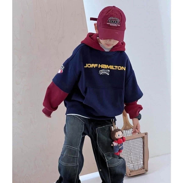Áo hoodie nỉ bông xanh navy phối đỏ Joff Hamilton
