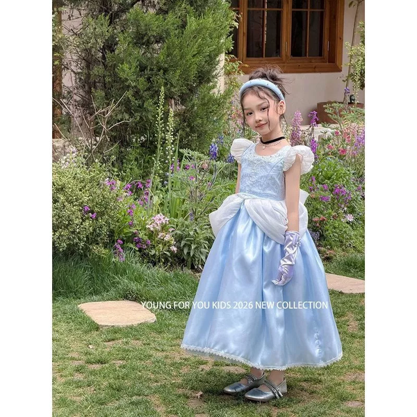 Váy công chúa Cinderella xanh dương nhiều tầng kèm găng tay ren