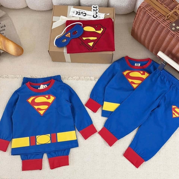 Bộ cotton Superman dài tay xanh đỏ kèm áo choàng và mặt nạ