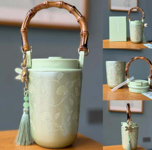 Cốc giữ nhiệt Starbucks 400ml màu xanh, quai cầm bằng tre, dây charm chuồn chuồn
