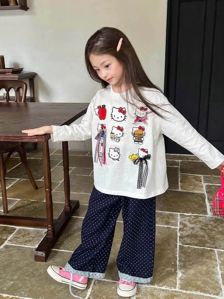 Áo thun dài tay trắng hình Hello Kitty đính nơ