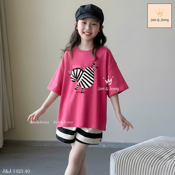 Bộ cộc tay Jam&Jenny Ngựa vằn áo hồng sen quần sooc kẻ bé gái