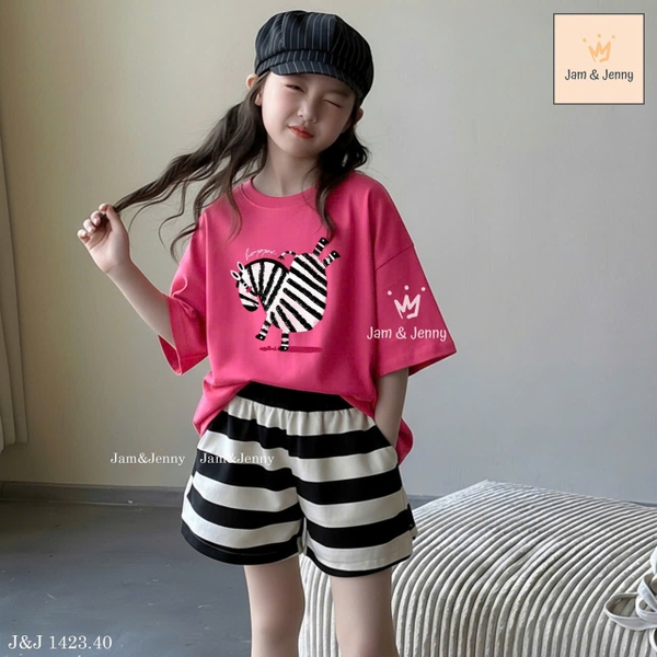 Bộ cộc tay Jam&Jenny Ngựa vằn áo hồng sen quần sooc kẻ bé gái