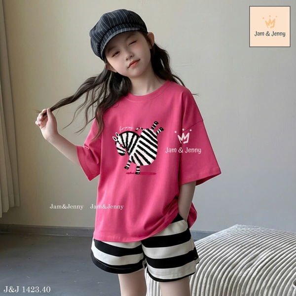 Bộ cộc tay Jam&Jenny Ngựa vằn áo hồng sen quần sooc kẻ bé gái