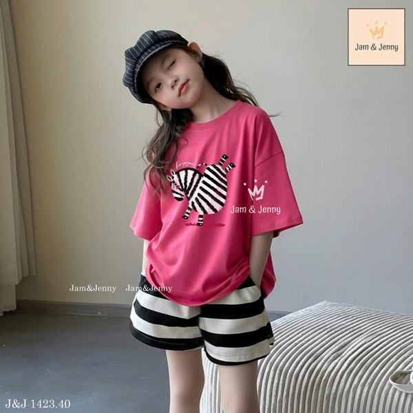 Bộ cộc tay Jam&Jenny Ngựa vằn áo hồng sen quần sooc kẻ bé gái