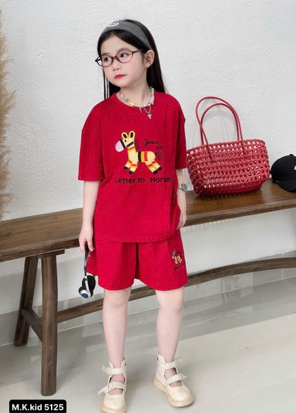 Bộ cộc tay Kunkun Kids thêu ngựa Your 2026 2 màu đỏ, hồng bé gái