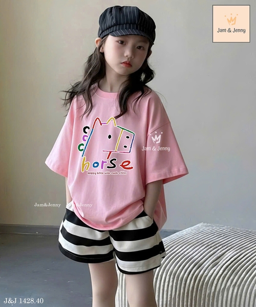 Bộ cộc tay Jam&Jenny Ngựa Happy Horse áo hồng phấn quần sooc kẻ