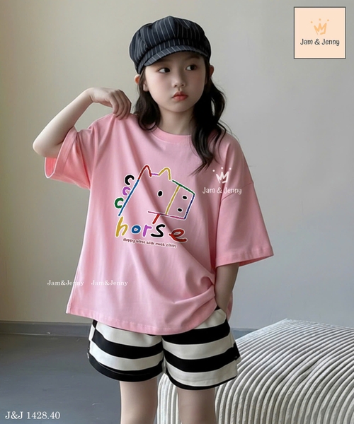 Bộ cộc tay Jam&Jenny Ngựa Happy Horse áo hồng phấn quần sooc kẻ