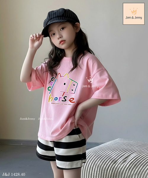 Bộ cộc tay Jam&Jenny Ngựa Happy Horse áo hồng phấn quần sooc kẻ
