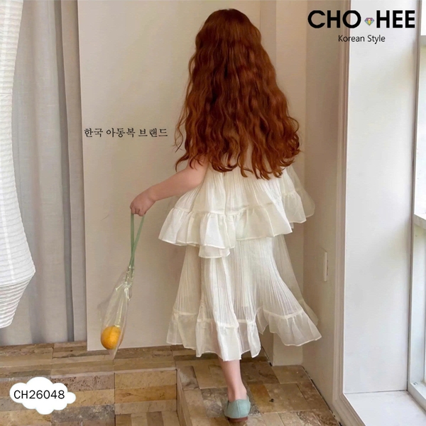 Bộ voan sát nách Cho Hee đính nơ màu kem chân váy