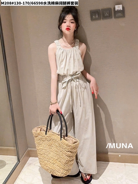 Bộ hai dây thô đũi Munaya Studio quần suông rộng 2 màu hồng và be