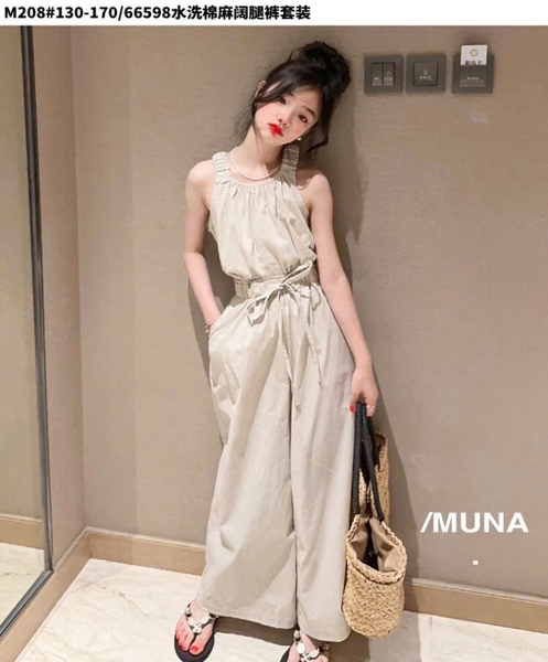 Bộ hai dây thô đũi Munaya Studio quần suông rộng 2 màu hồng và be