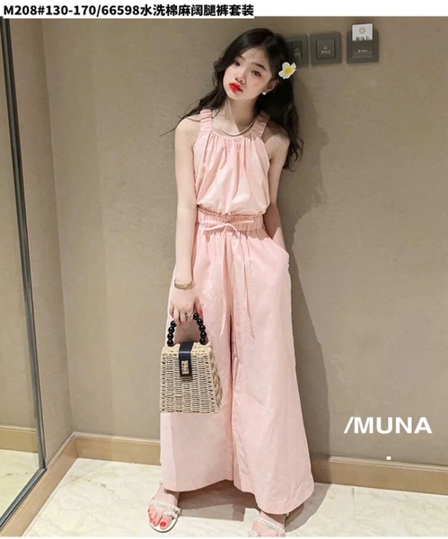 Bộ hai dây thô đũi Munaya Studio quần suông rộng 2 màu hồng và be