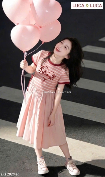 Váy cộc tay cotton thô Luca&Luca Lamoir hồng kẻ ngang