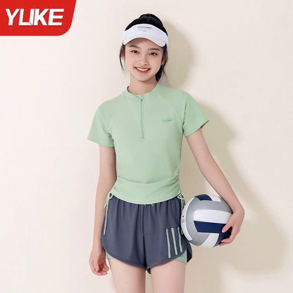 Bộ bơi Created YLike cộc tay màu xanh quần sooc 2 lớp bé gái