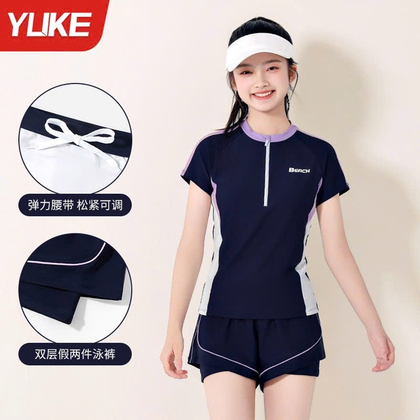 Bộ bơi cộc tay Beach Ylike quần sooc màu navy phối trắng tím bé gái