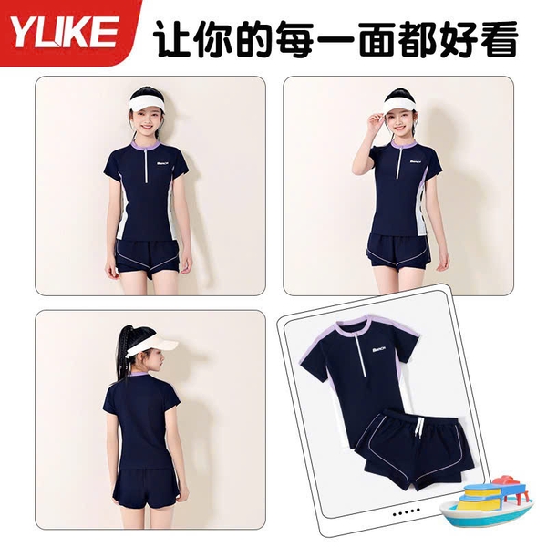 Bộ bơi cộc tay Beach Ylike quần sooc màu navy phối trắng tím bé gái