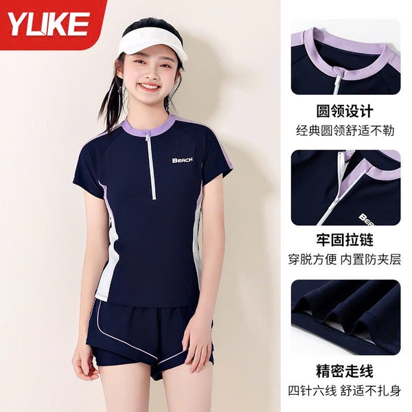 Bộ bơi cộc tay Beach Ylike quần sooc màu navy phối trắng tím bé gái