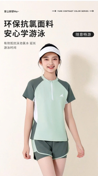 Bộ bơi BARCN Ylike cộc tay quần sooc 2 màu trắng-tím và xanh bé gái