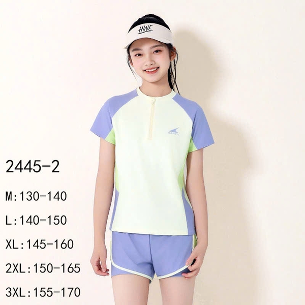 Bộ bơi BARCN Ylike cộc tay quần sooc 2 màu trắng-tím và xanh bé gái