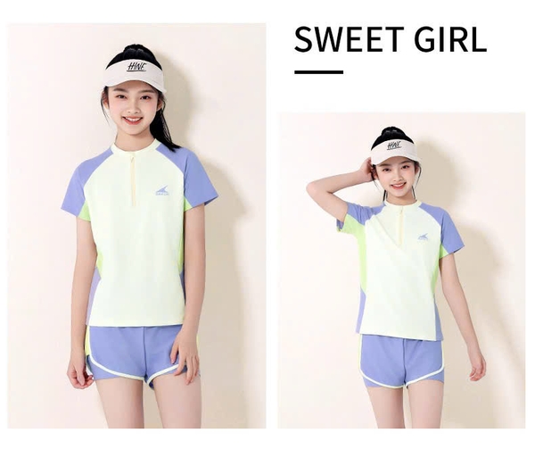 Bộ bơi BARCN Ylike cộc tay quần sooc 2 màu trắng-tím và xanh bé gái