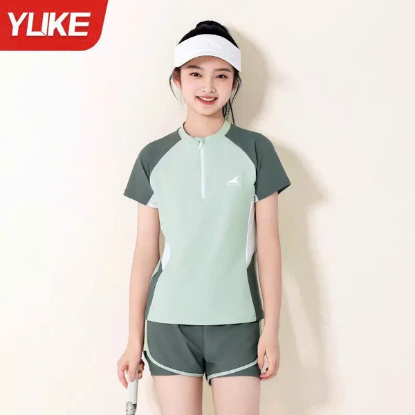 Bộ bơi BARCN Ylike cộc tay quần sooc 2 màu trắng-tím và xanh bé gái