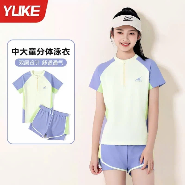 Bộ bơi BARCN Ylike cộc tay quần sooc 2 màu trắng-tím và xanh bé gái