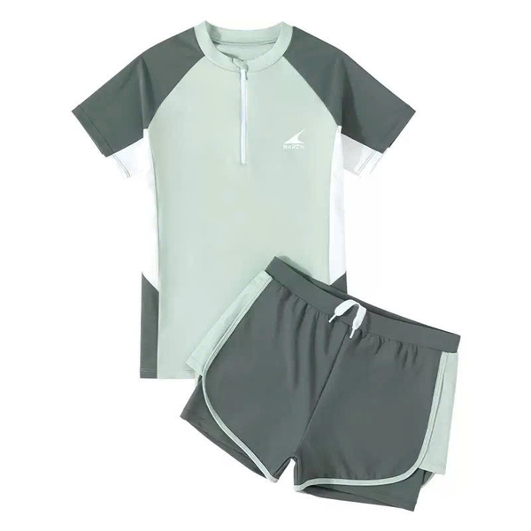 Bộ bơi BARCN Ylike cộc tay quần sooc 2 màu trắng-tím và xanh bé gái